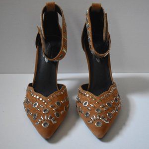 Jeffrey Campbell Free People Pointed Toe Leather Camel Suede Studded Pumps Sz 8